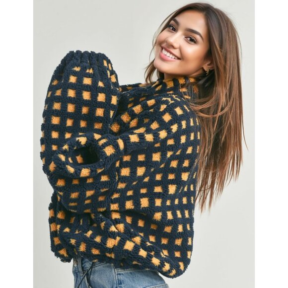 Women Orange Cropped Sherpa Fleece Plaid Jacket Chunky Outerwear - Picture 6 of 7